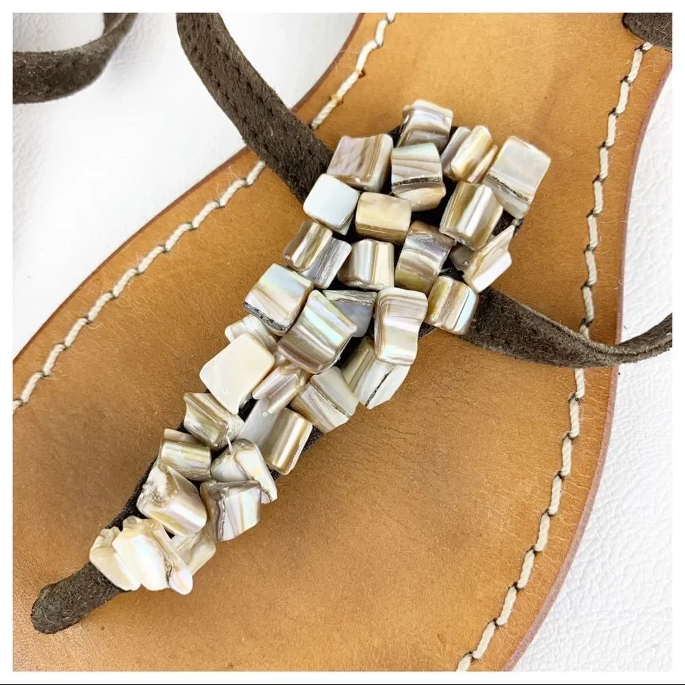 Cocobelle Brown Suede Leather Stone Beaded Thong Flat Sandal 10‎
